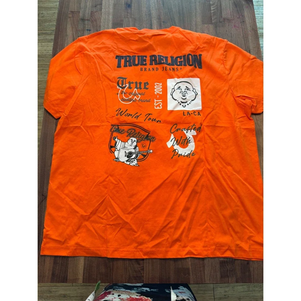 True Religion Mens Red Orange Applique Multi Logo T-Shirt 3XL 701207 New